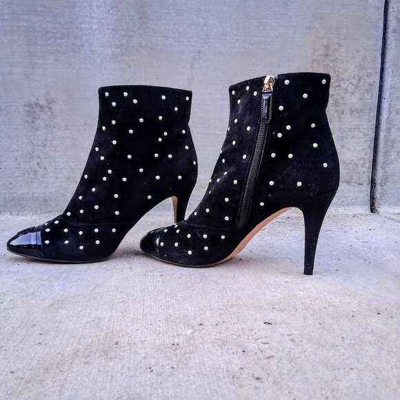 Chanel Black Suede Pearl Dot Ankle Booties EU 38 US 8 Patent Cap Toe - Picture 3 of 11